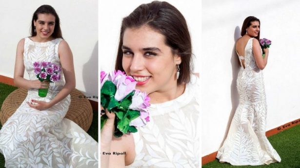 Vestido de novia con más de 80 vasos de usar y tirar