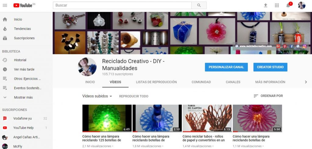 captura canal de YouTube Reciclado Creativo