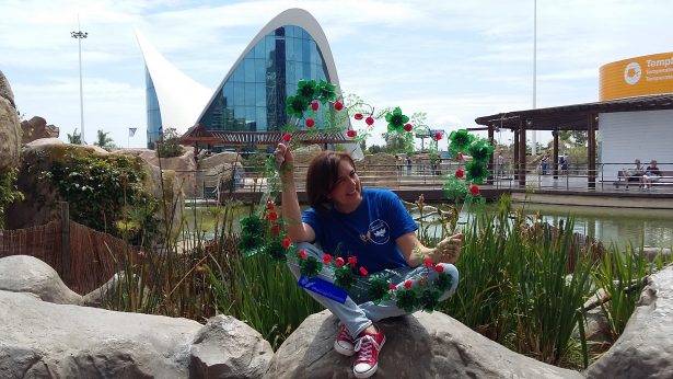 Rosa marco flores recicladas con tapones y botellas Rosa Montesa - marco de flores con material reciclado